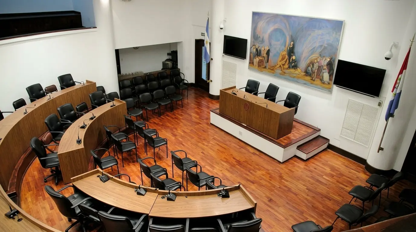 Recinto de sesiones del Honorable Concejo Municipal de Santa Fe vacío visto desde arriba.