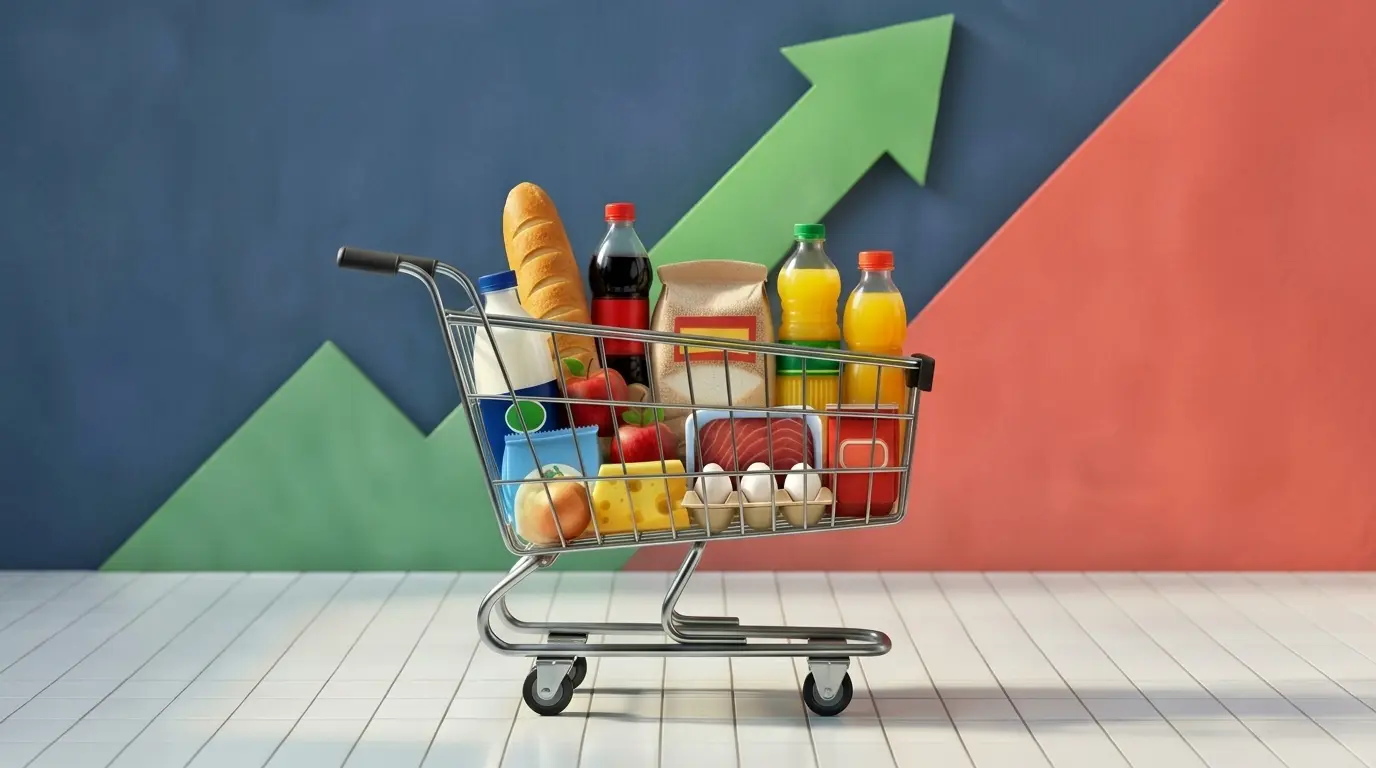 Carrito o changuito de supermercado con alimentos y flecha ascendente que representa la inflación en la ciudad de Santa Fe.