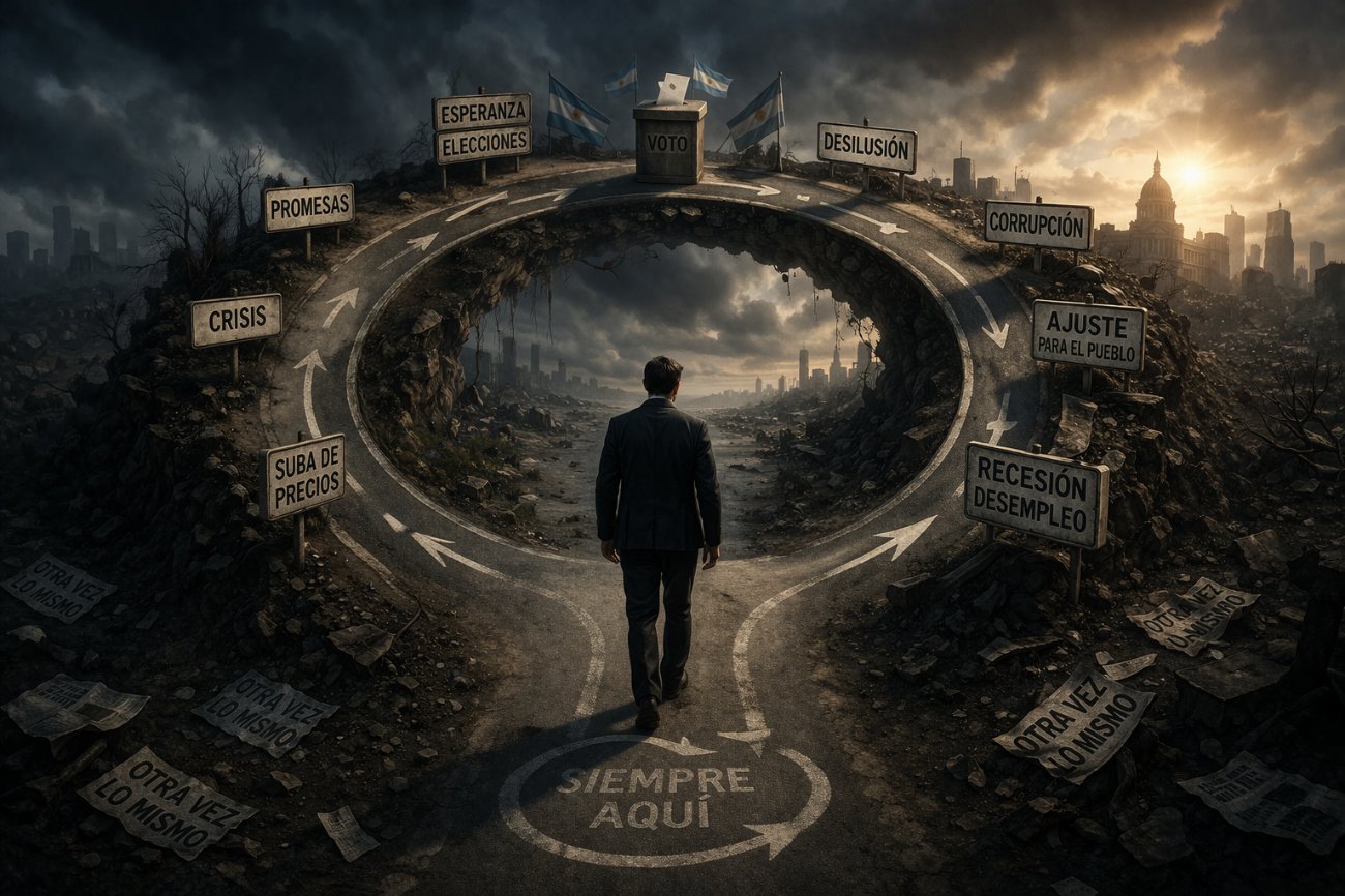 Hombre frente a un camino circular con carteles de crisis, promesas y desempleo, representando la necesidad de un cambio profundo en Argentina y el fin de los ciclos repetitivos.