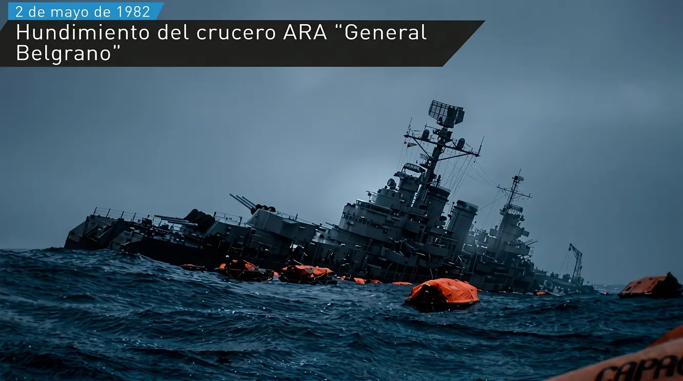 Crucero ARA General Belgrano en el momento del hundimiento, símbolo de la memoria de héroes santafesinos de Malvinas como Oscar Colombo.