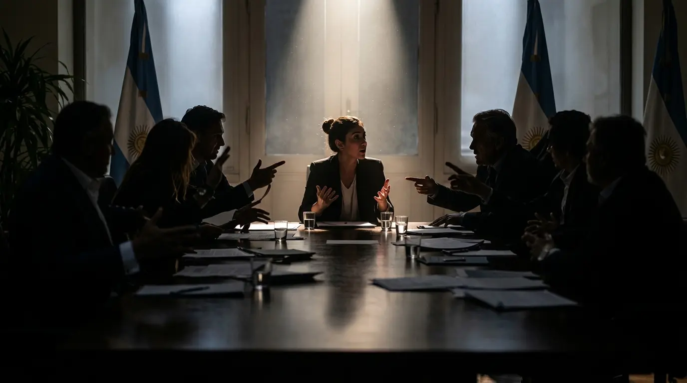 Una mujer atrapada entre siluetas oscuras discutiendo en una mesa de reuniones con una bandera argentina al fondo, ilustrando la falta de participación ciudadana en política.