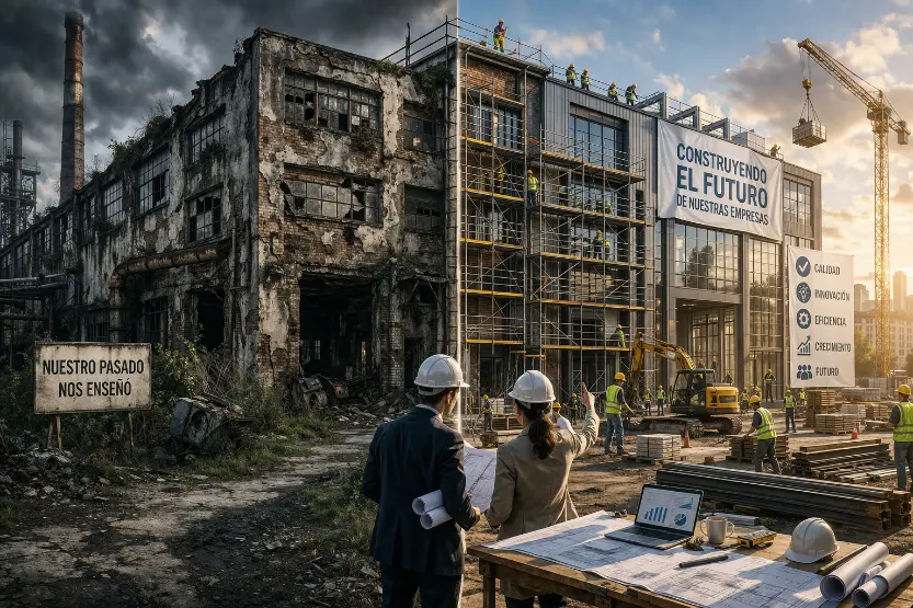 Contraste entre una fábrica en ruinas y una construcción moderna bajo el lema construyendo el futuro, representando la supervivencia de las PyMEs mediante la calidad y la planificación.