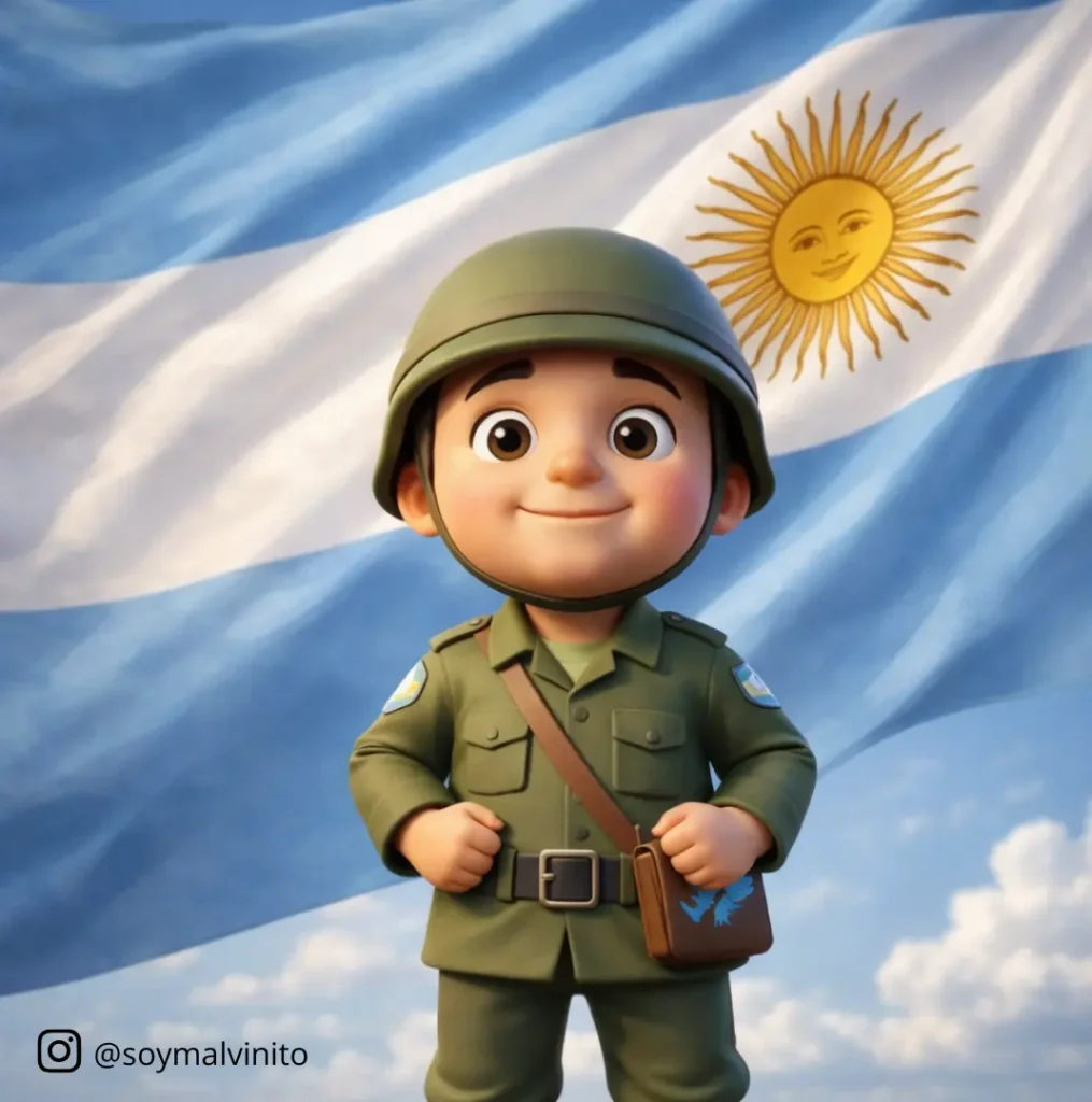 Ilustración educativa de Malvinito con la bandera argentina