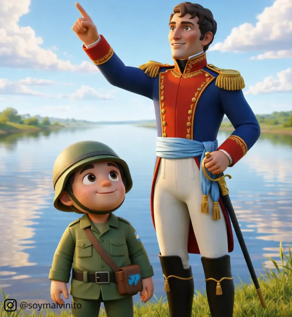 Malvinito junto al general Manuel Belgrano en el Día de la Bandera