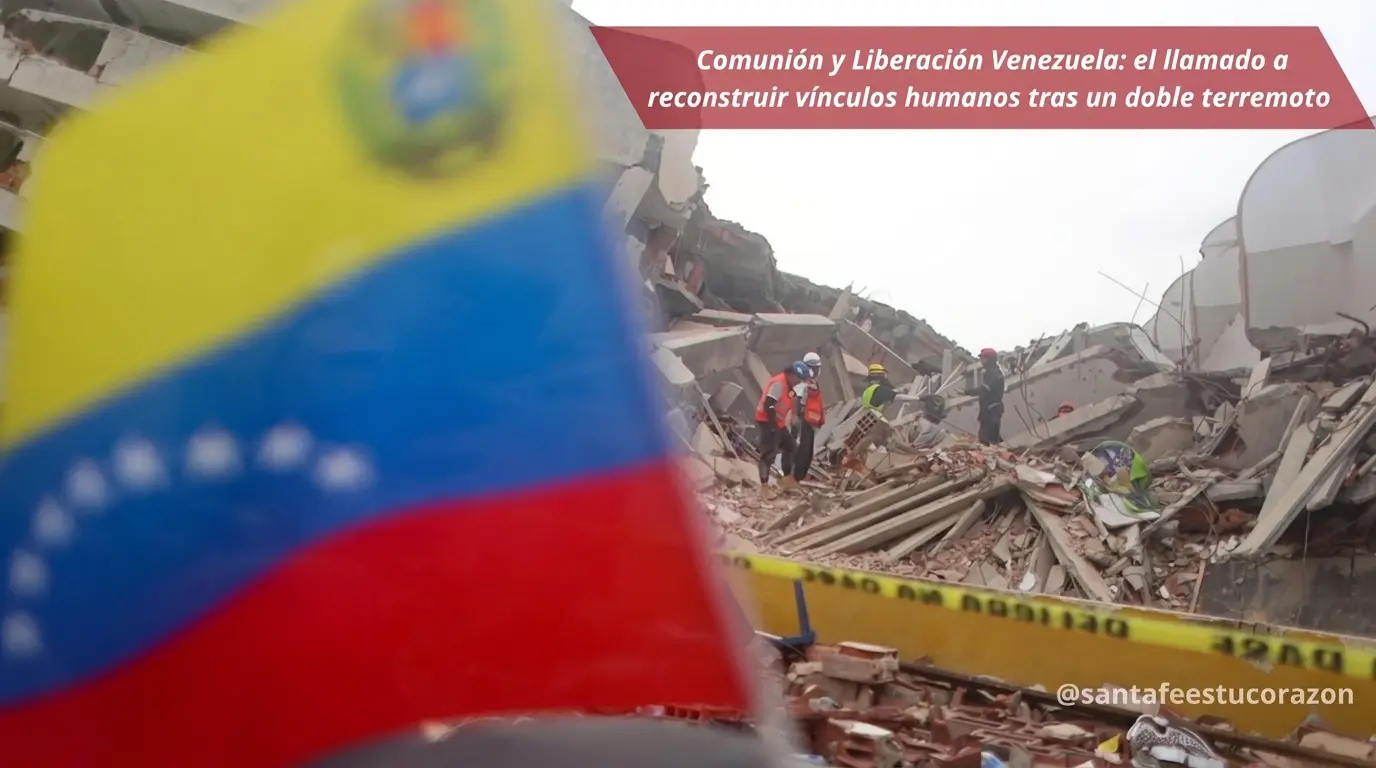 Rescatistas trabajando entre los escombros tras el terremoto en Venezuela con una bandera venezolana en primer plano.