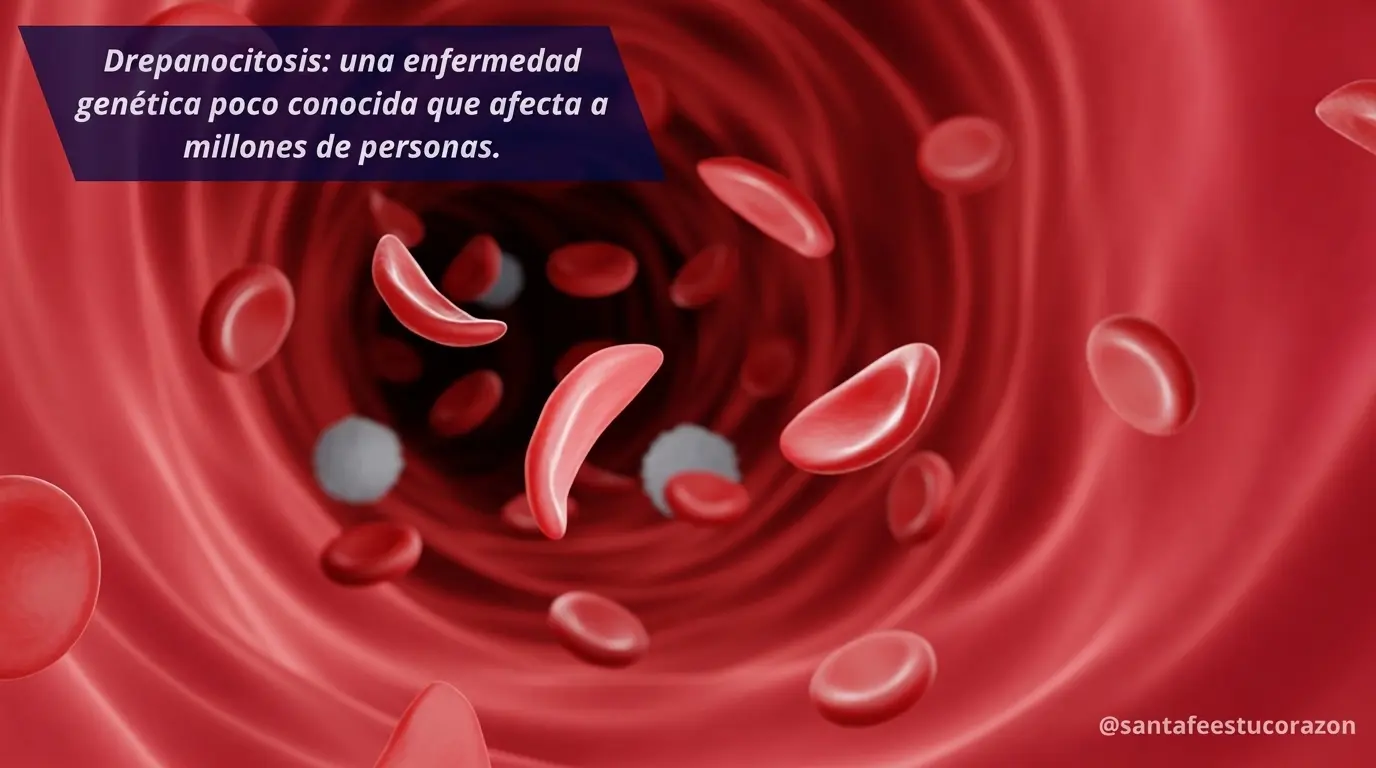 Ilustración de glóbulos rojos con drepanocitosis fluyendo por el torrente sanguíneo.