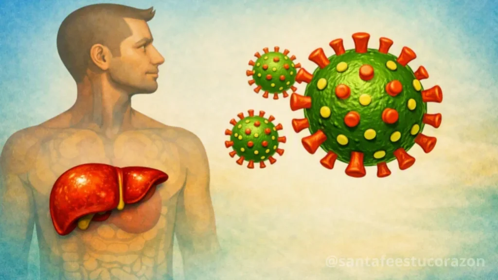 Ilustración médica de un torso humano con el hígado resaltado en rojo junto a tres virus de hepatitis.