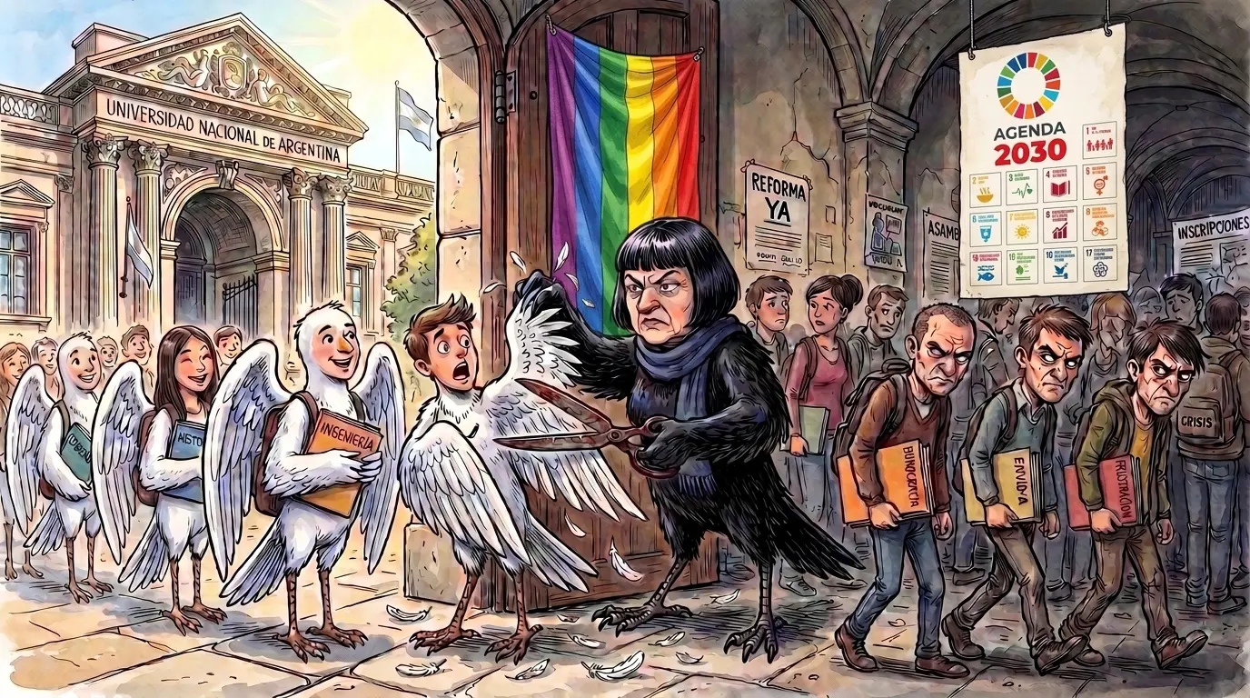 Ilustración satírica de estudiantes con alas entrando a una universidad donde una figura oscura con cabeza humana y cuerpo de pájaro, les corta las alas