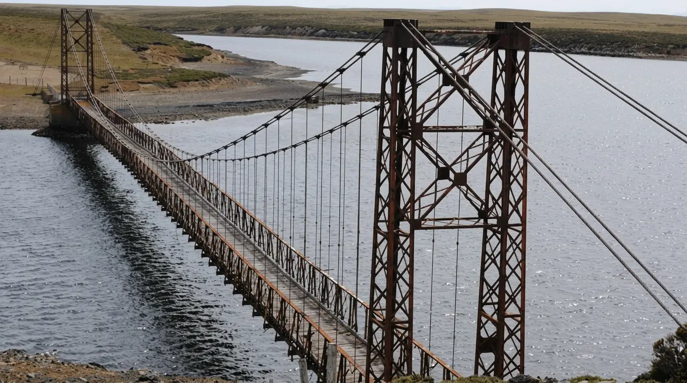 Estructura de madera y cables de acero del puente colgante Bodie Creek Bridge en las Islas Malvinas.