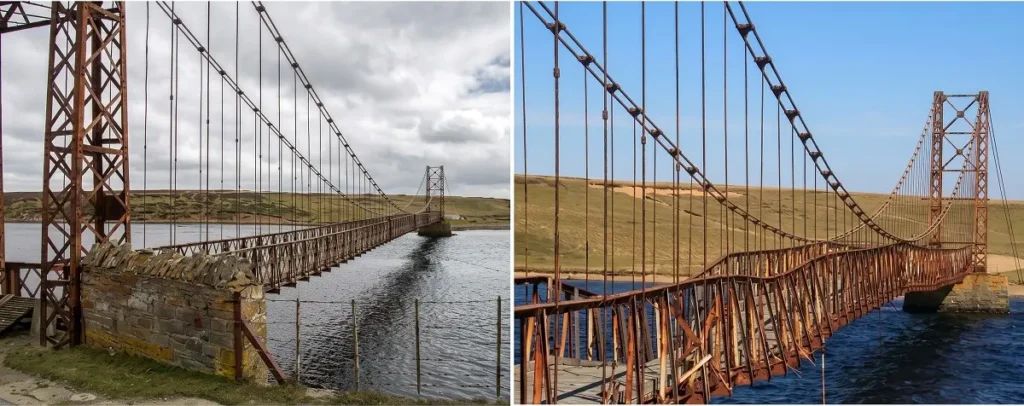 Comparación del puente colgante Bodie Creek Bridge en Malvinas mostrando el colapso y deformación de su pasarela metálica.