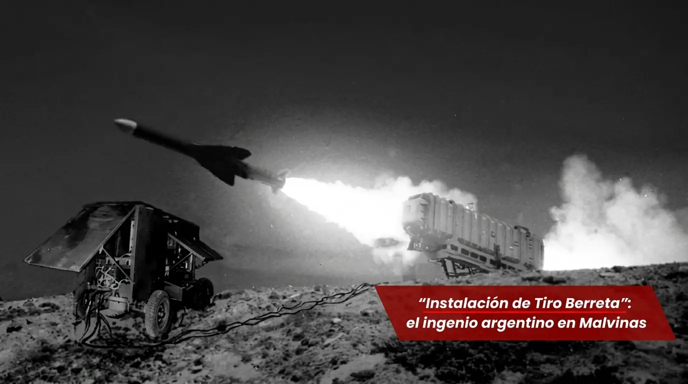 Disparo nocturno de un misil Exocet lanzado desde la Instalación de Tiro Berreta en Malvinas.