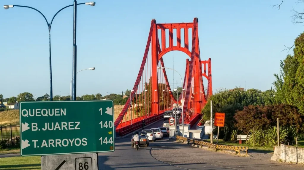 Puente colgante Hipólito Yrigoyen pintado de rojo uniendo Necochea y Quequén sobre la ruta 86.