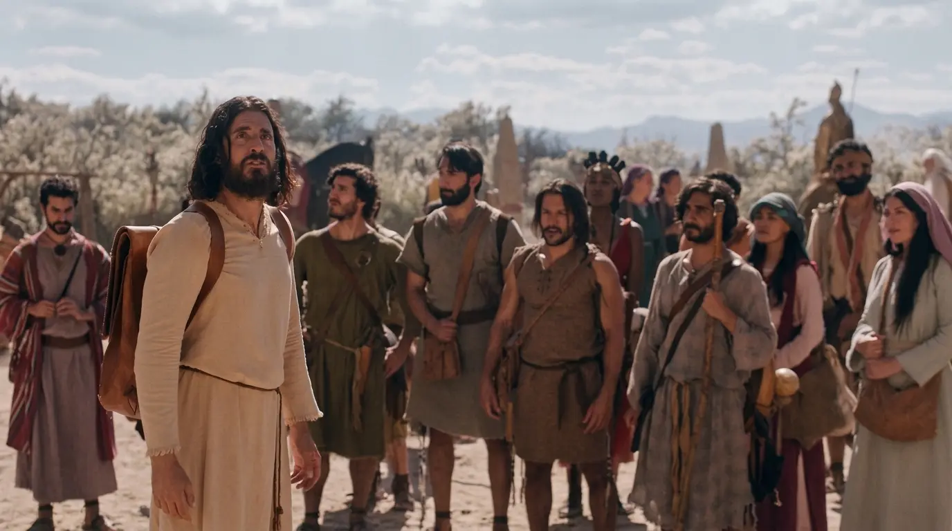 Jesús de Nazaret al frente con sus discípulos en el desierto durante una escena de la serie Los Elegidos.