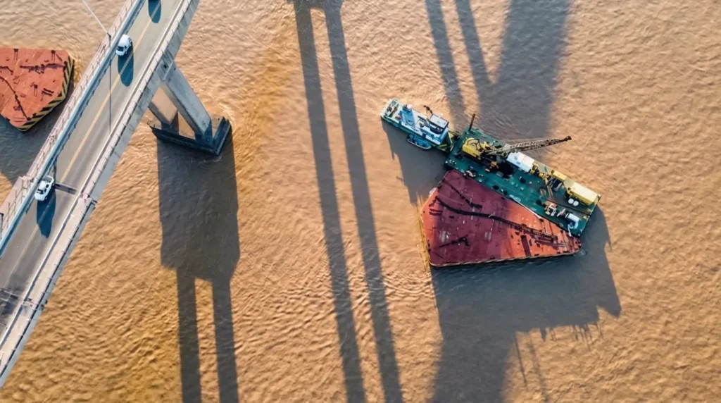 Vista aérea del puente Chaco Corrientes y una barcaza junto a la defensa de los pilotes sobre el río Paraná.